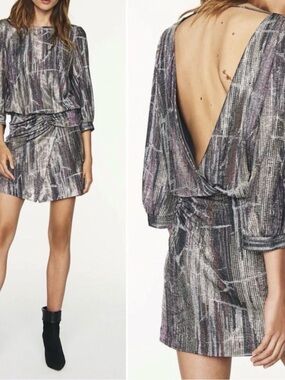 BA&SH Backless Metallic Mini Dress – Purple/Silver – Size S